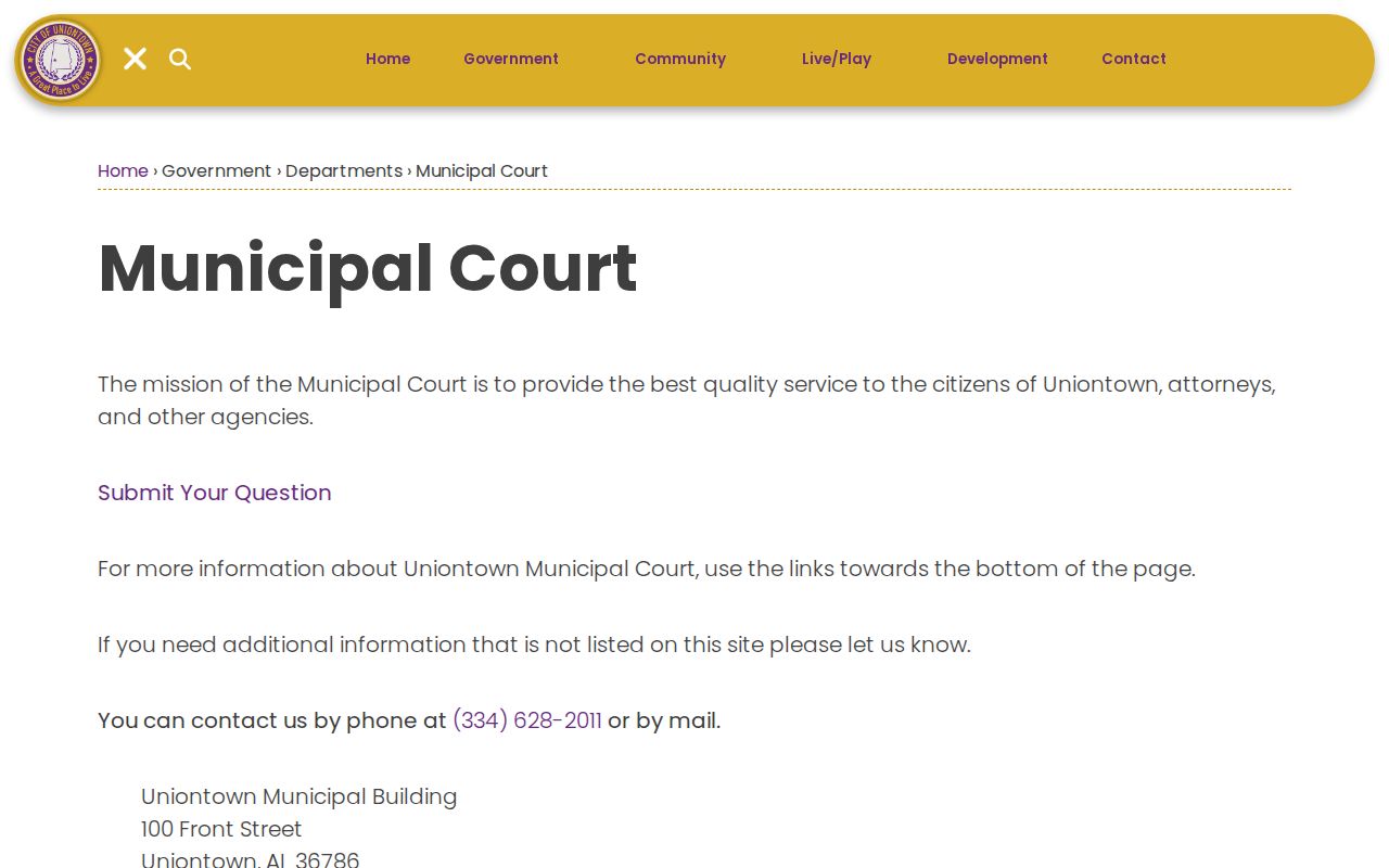 Uniontown Municipal Court contact for Uniontown warrants